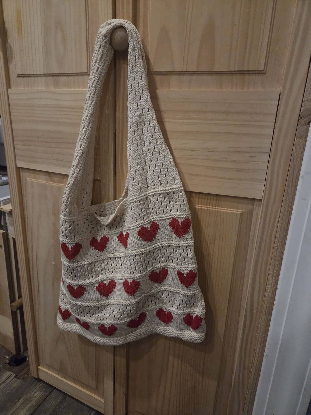 Handcrafted Cream Crochet Shoulder Bag with Red Heart Pattern